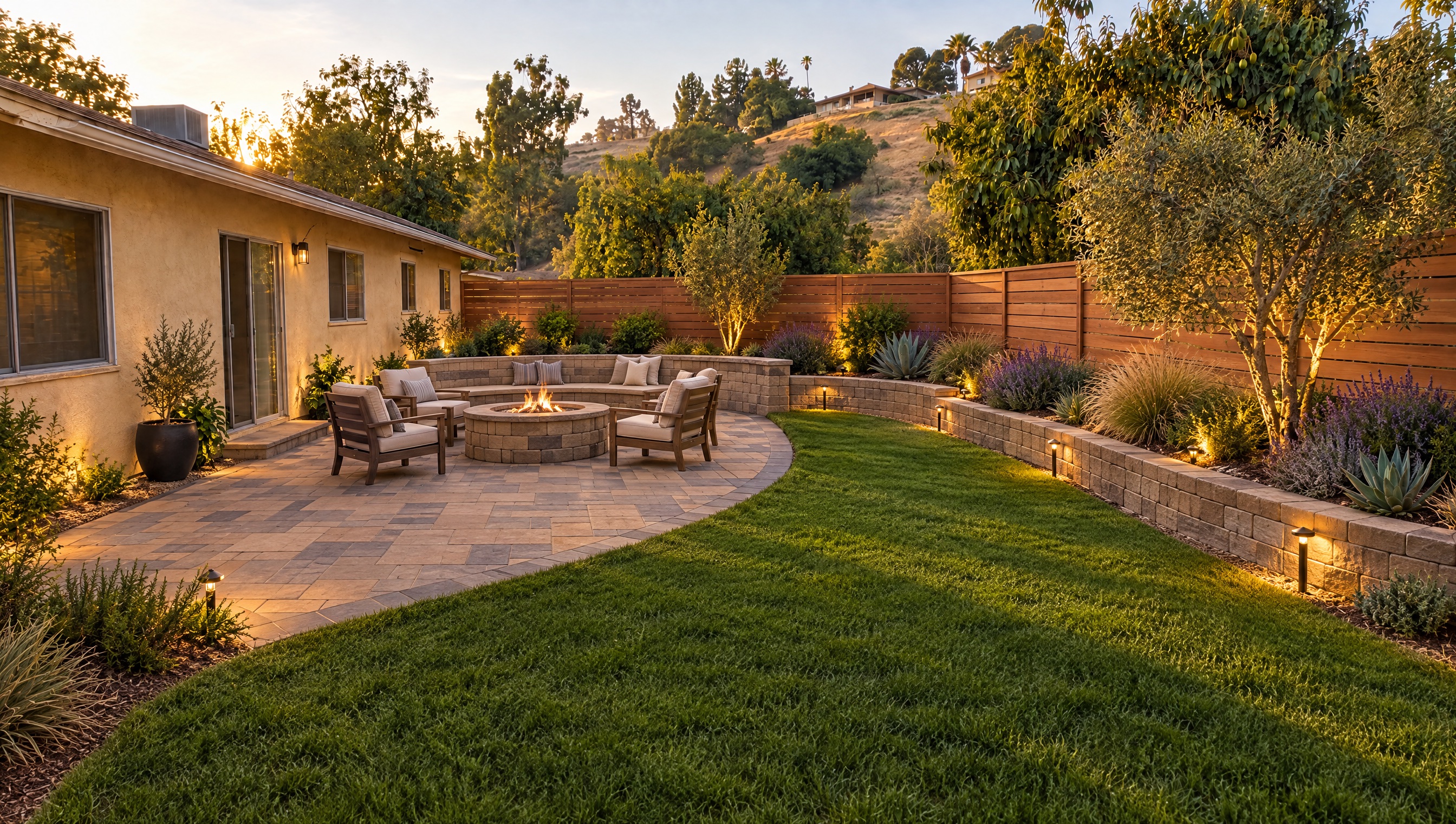 After: paver patio with fire pit, lawn, retaining wall planters and new fence