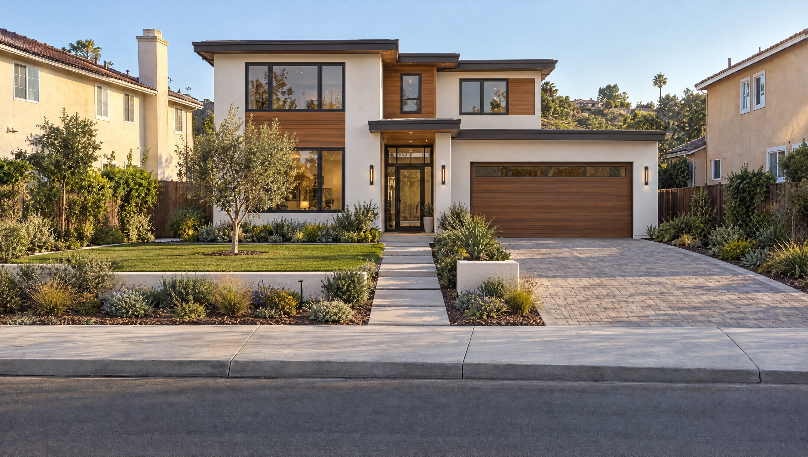 After: newly completed modern two-story building with landscaping