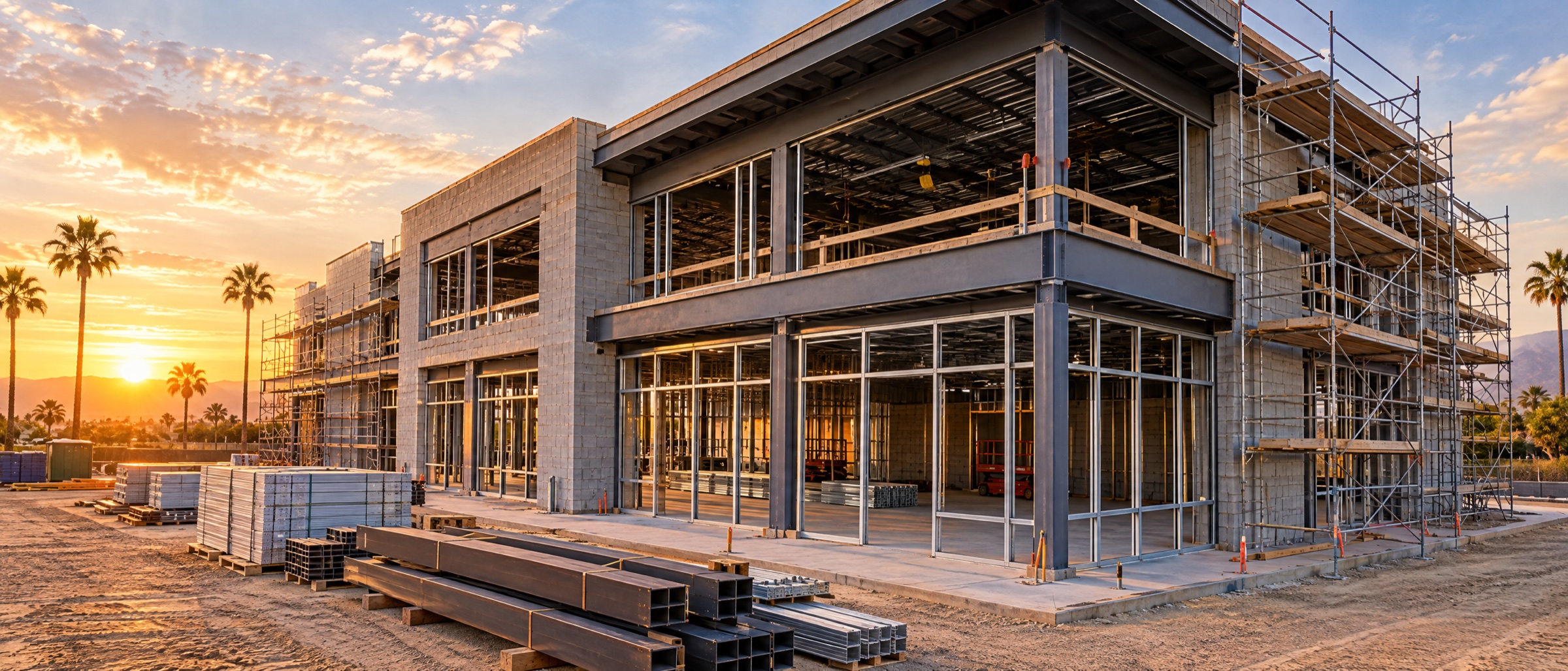 New two-story building under construction with steel and block structure