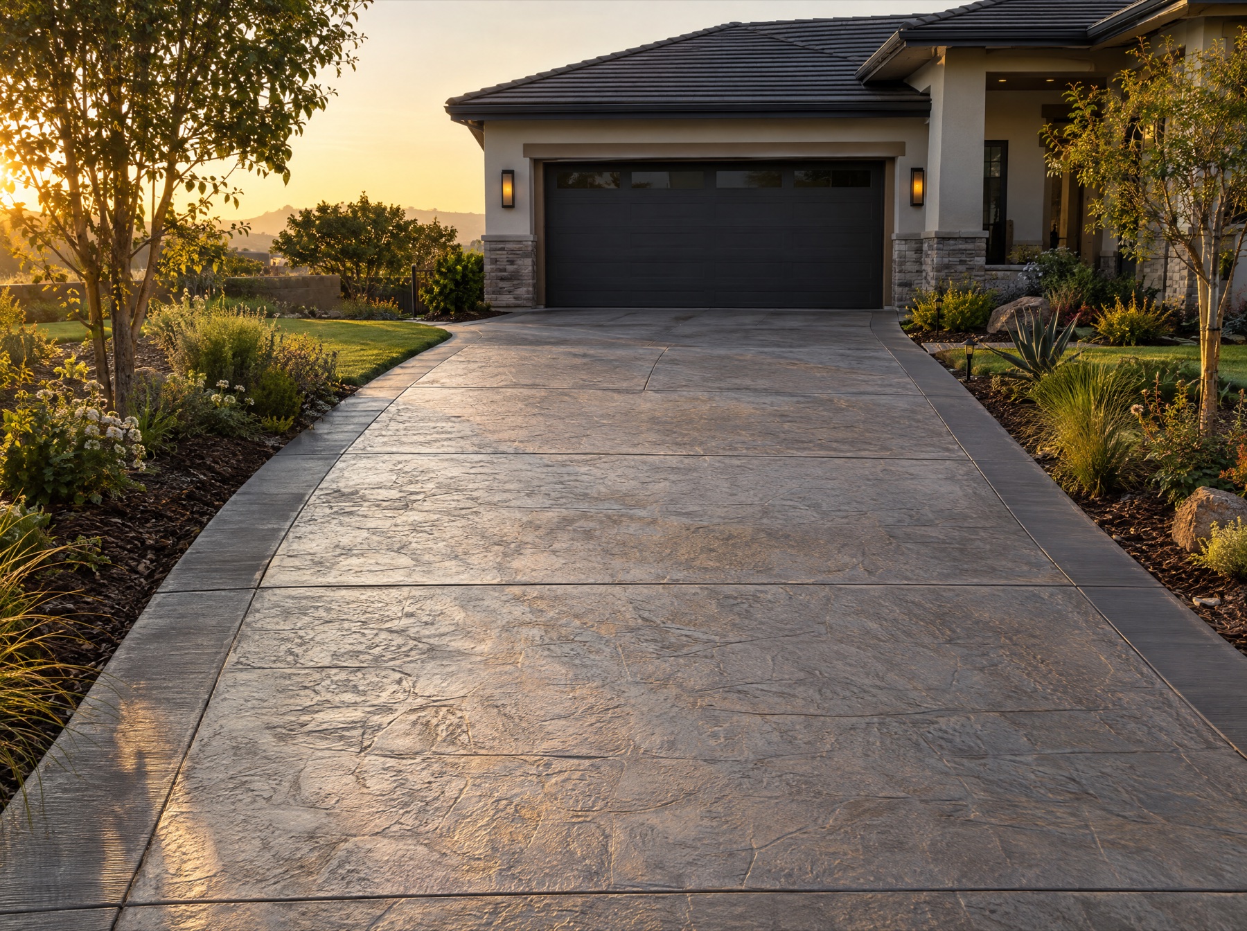 New decorative concrete driveway leading to a modern home