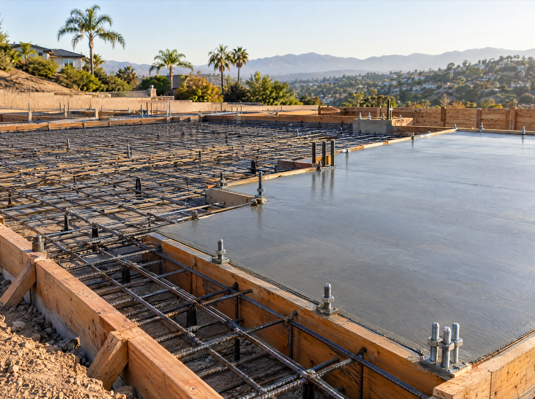 Concrete forms, steel rebar and a freshly poured slab
