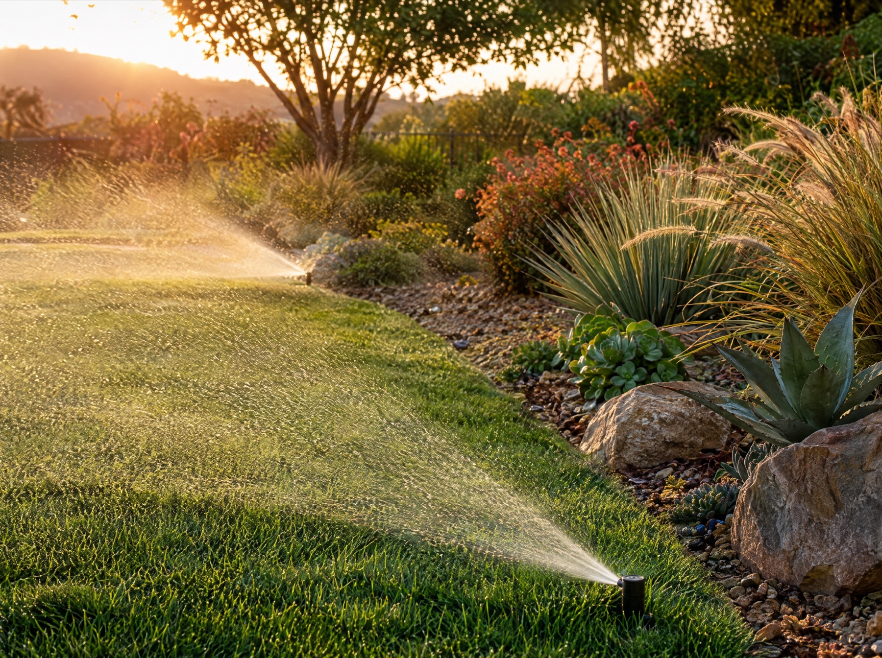 Sprinklers misting a lawn beside drought-tolerant planting