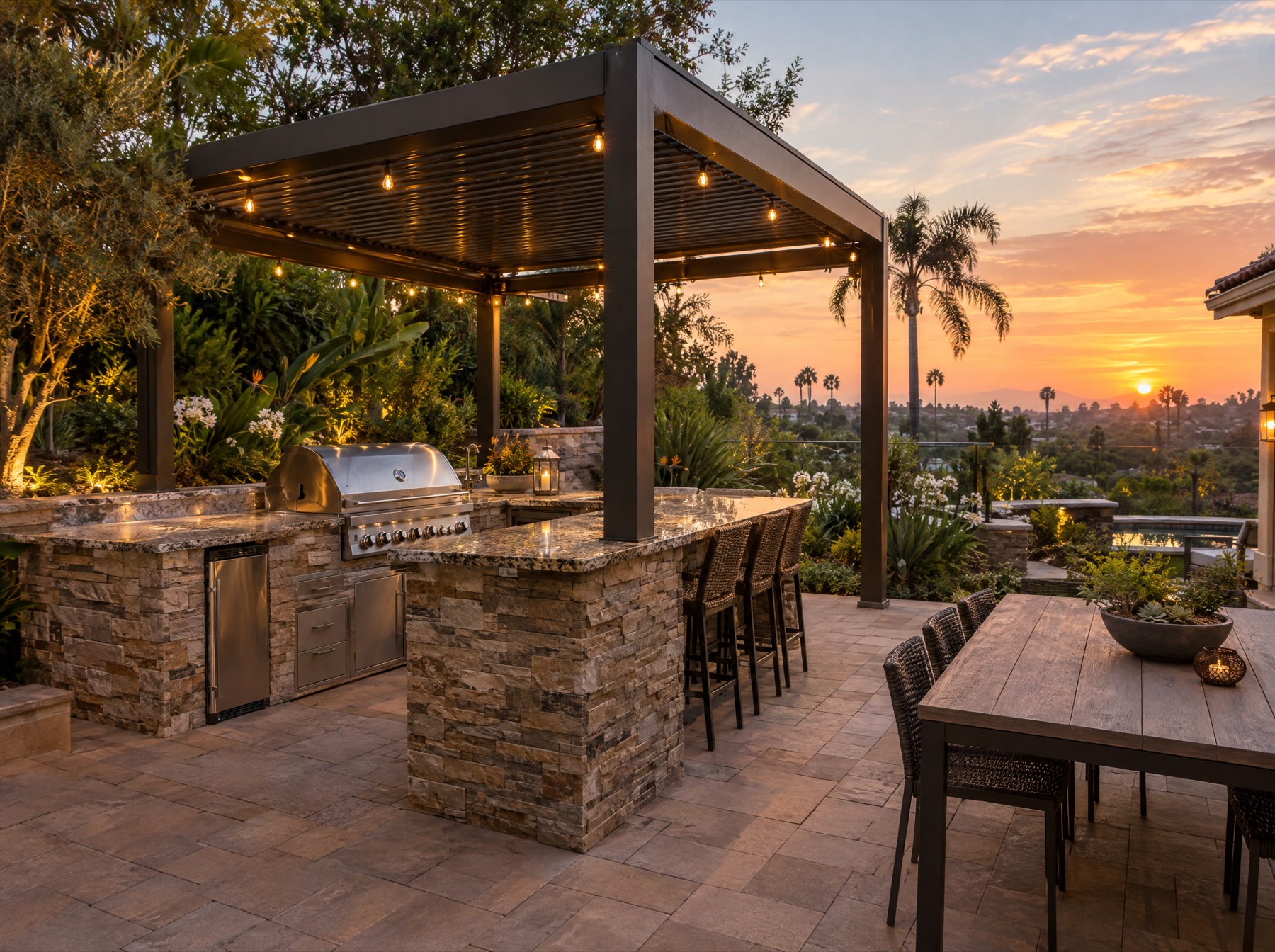 Outdoor kitchen with stone BBQ island under a pergola
