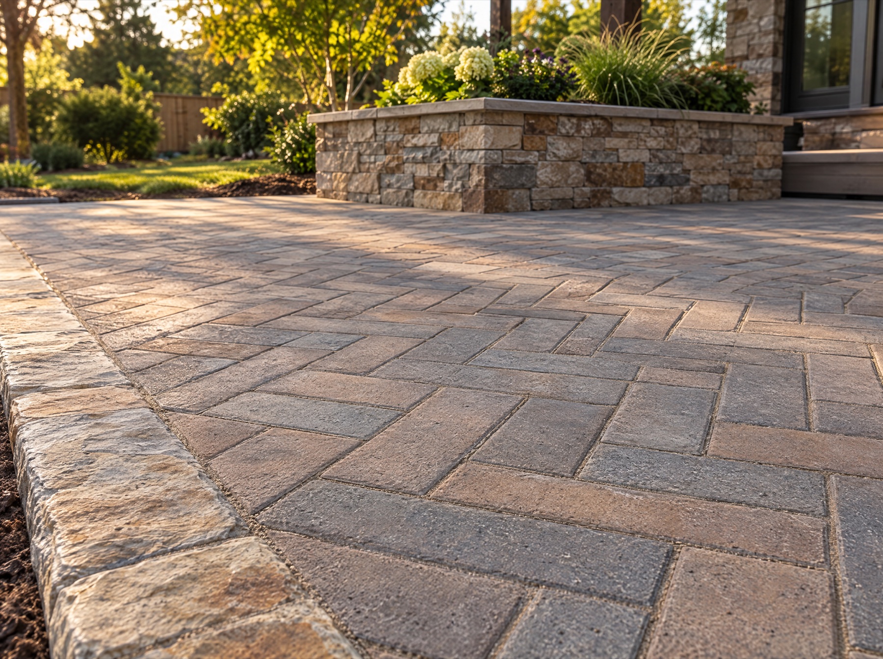 Herringbone paver patio with natural stone border