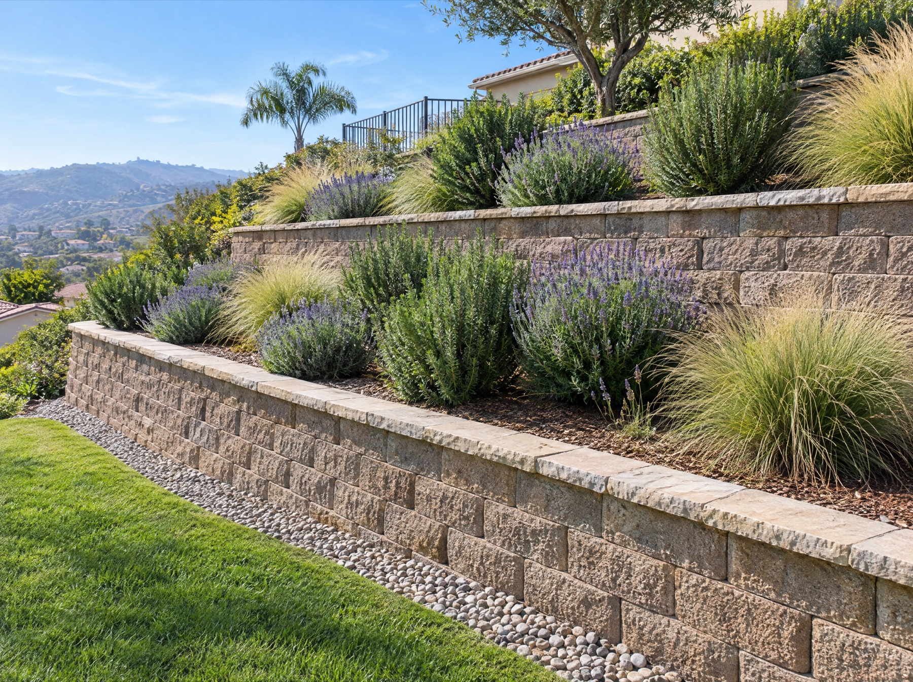 Terraced block retaining walls planted with lavender and grasses