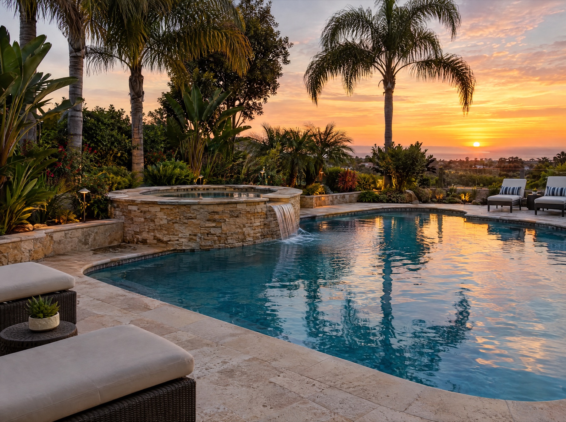 Pool with travertine deck and raised stone spa at sunset