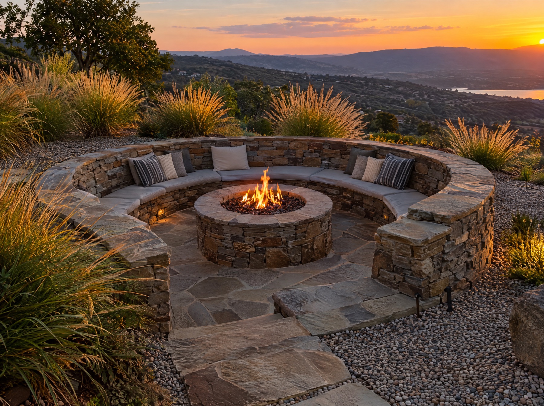 Sunken circular stone fire pit with flagstone patio