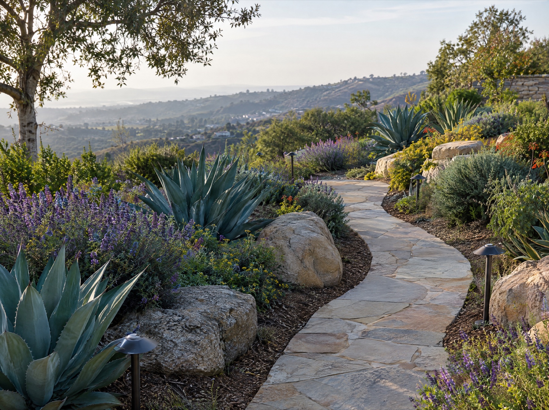 Curving flagstone path through drought-tolerant planting