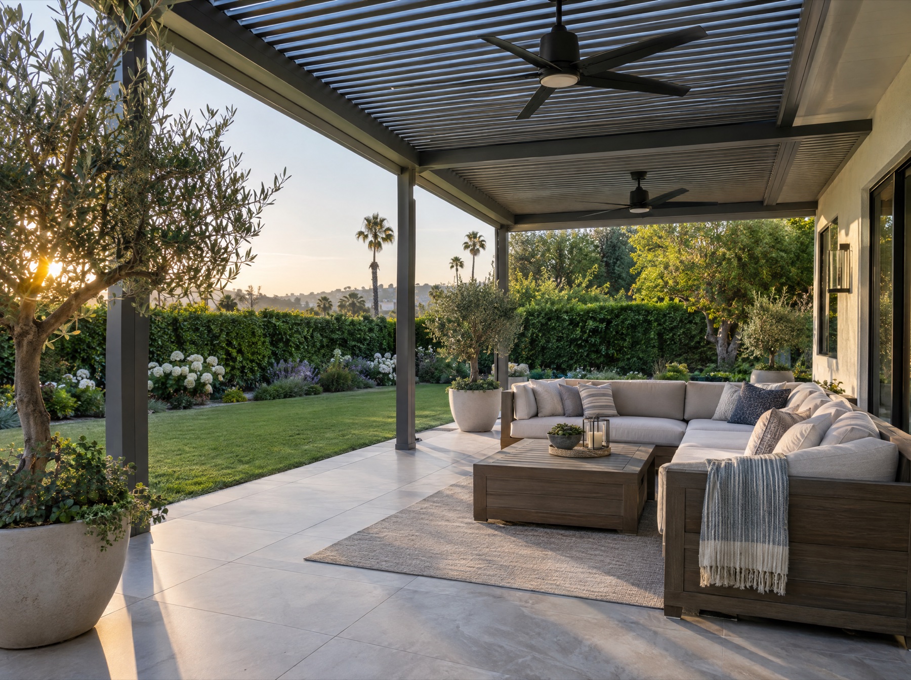 Aluminum patio cover over a paver patio with outdoor sofa