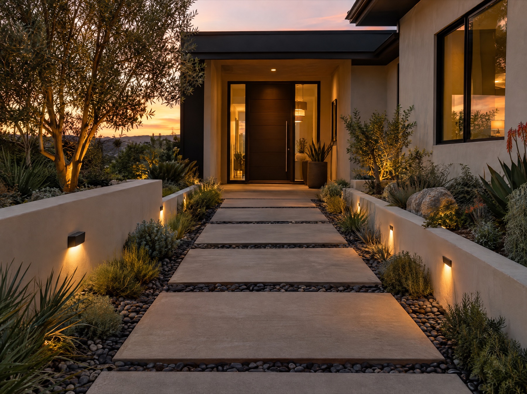 Concrete stepper entry walk in black river rock with lit planter walls