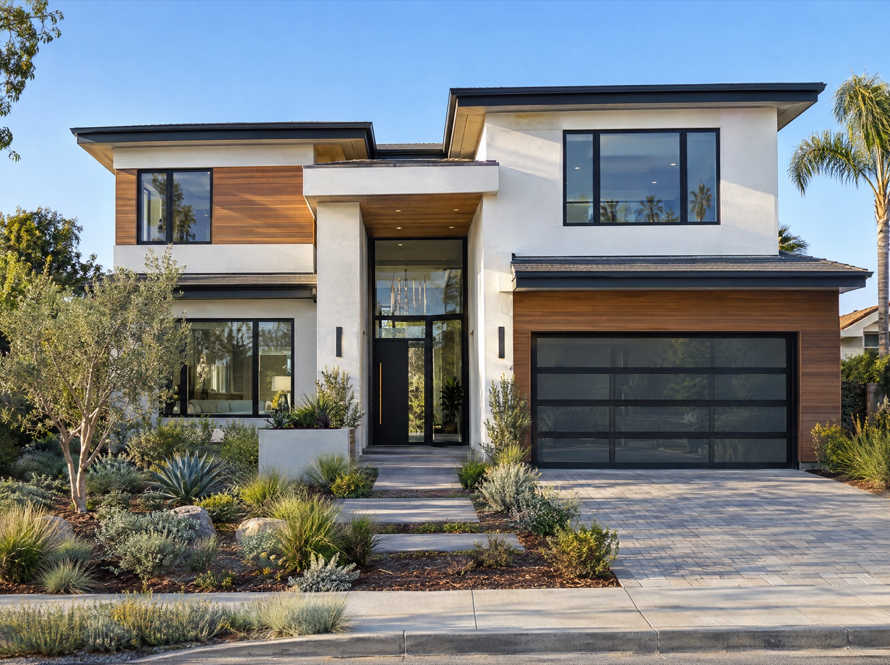 Newly built modern two-story home with landscaped front yard
