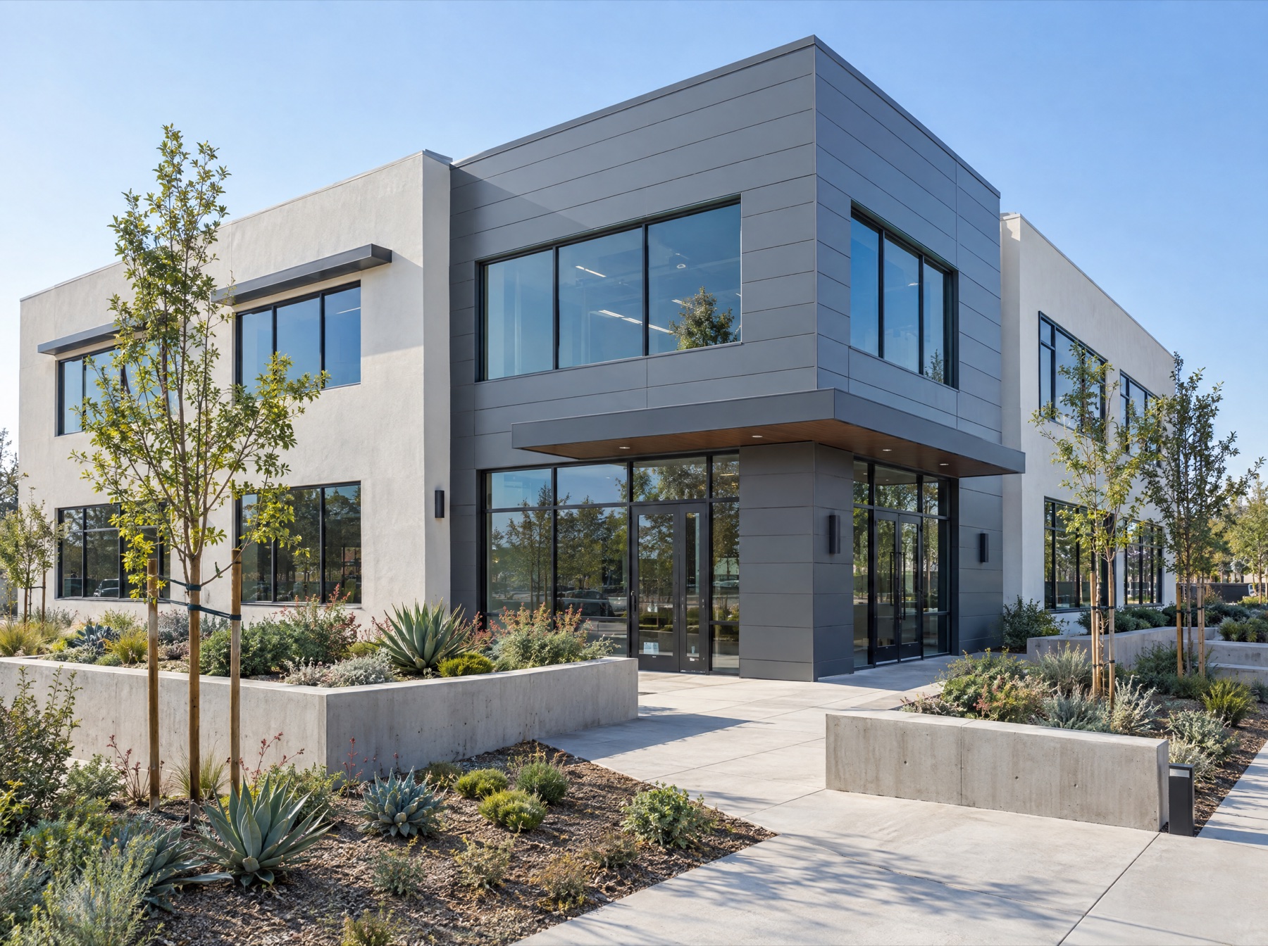 Newly completed two-story office building with planter walls