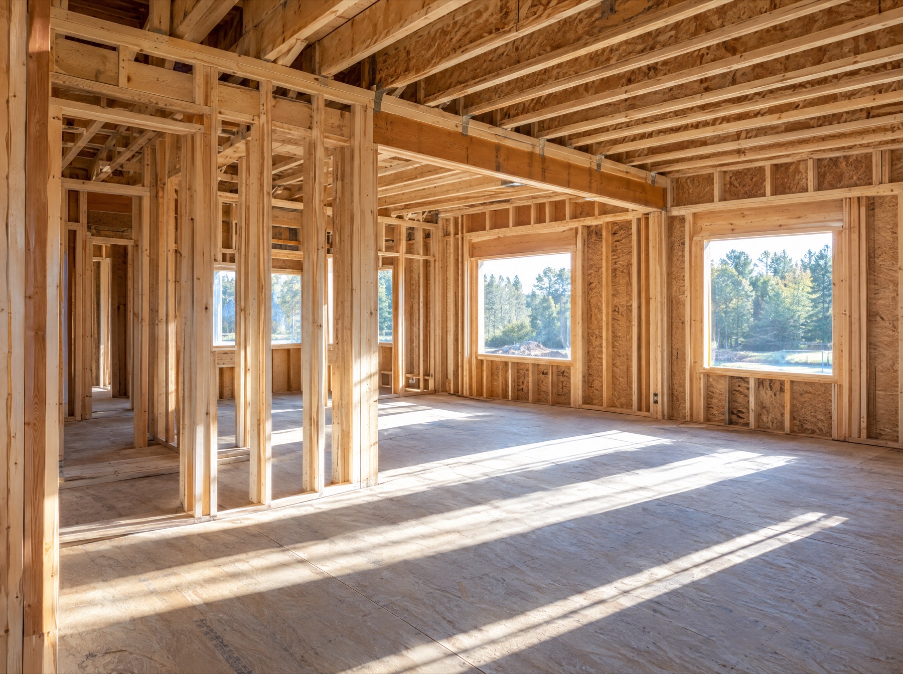 Wood framing inside a new building under construction