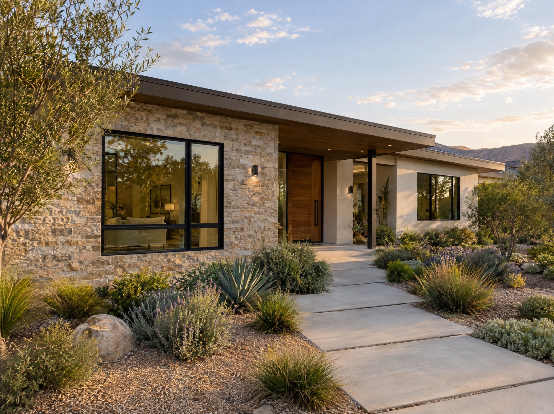 Newly completed single-story home with stone accent wall
