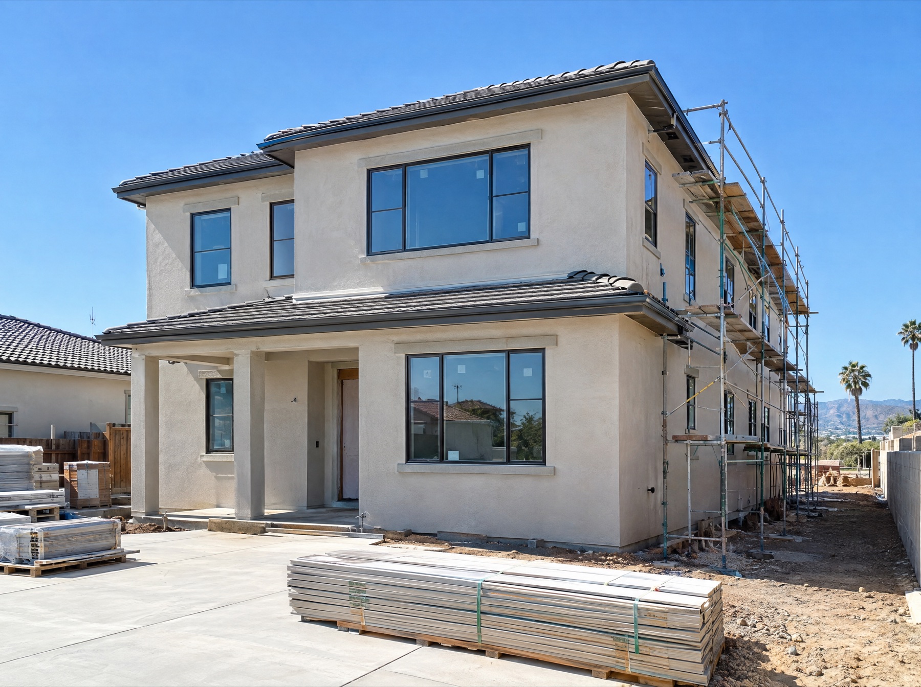 New two-story building nearing completion with scaffolding coming down